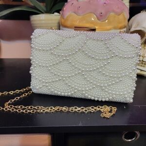 Pearl-Embellished Evening Clutch Bag with Gold Chain